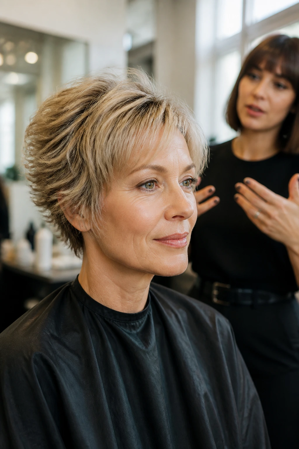 Client in salon chair discussing razor-cut shape with stylist