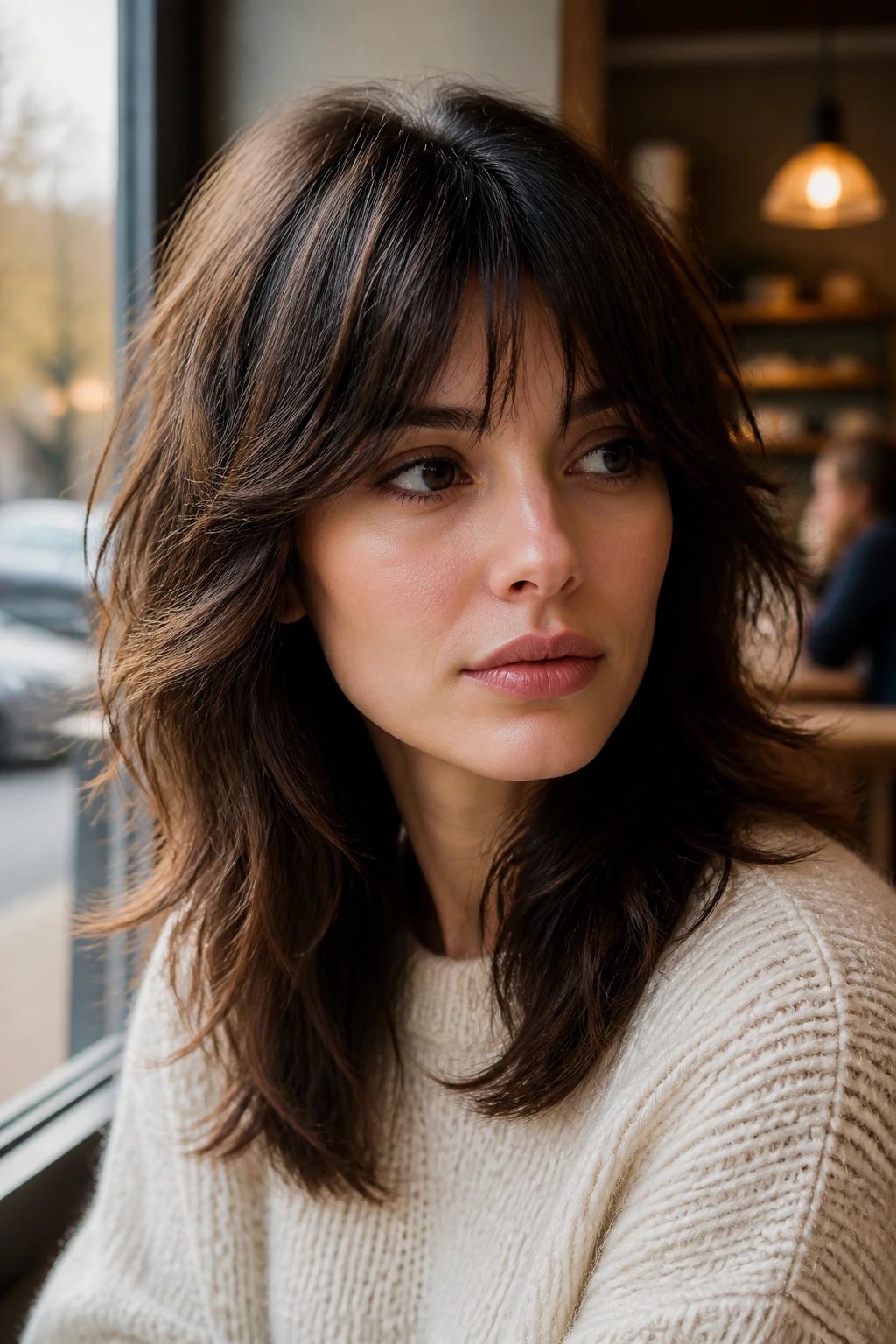 Close-up of real woman with soft razor shag in warm cafe setting