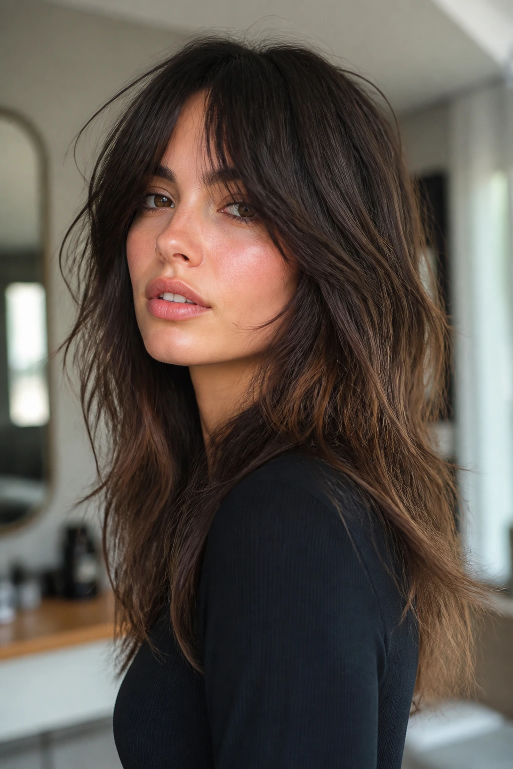 Portrait of a woman with razor-cut shag showing tapered textured ends.