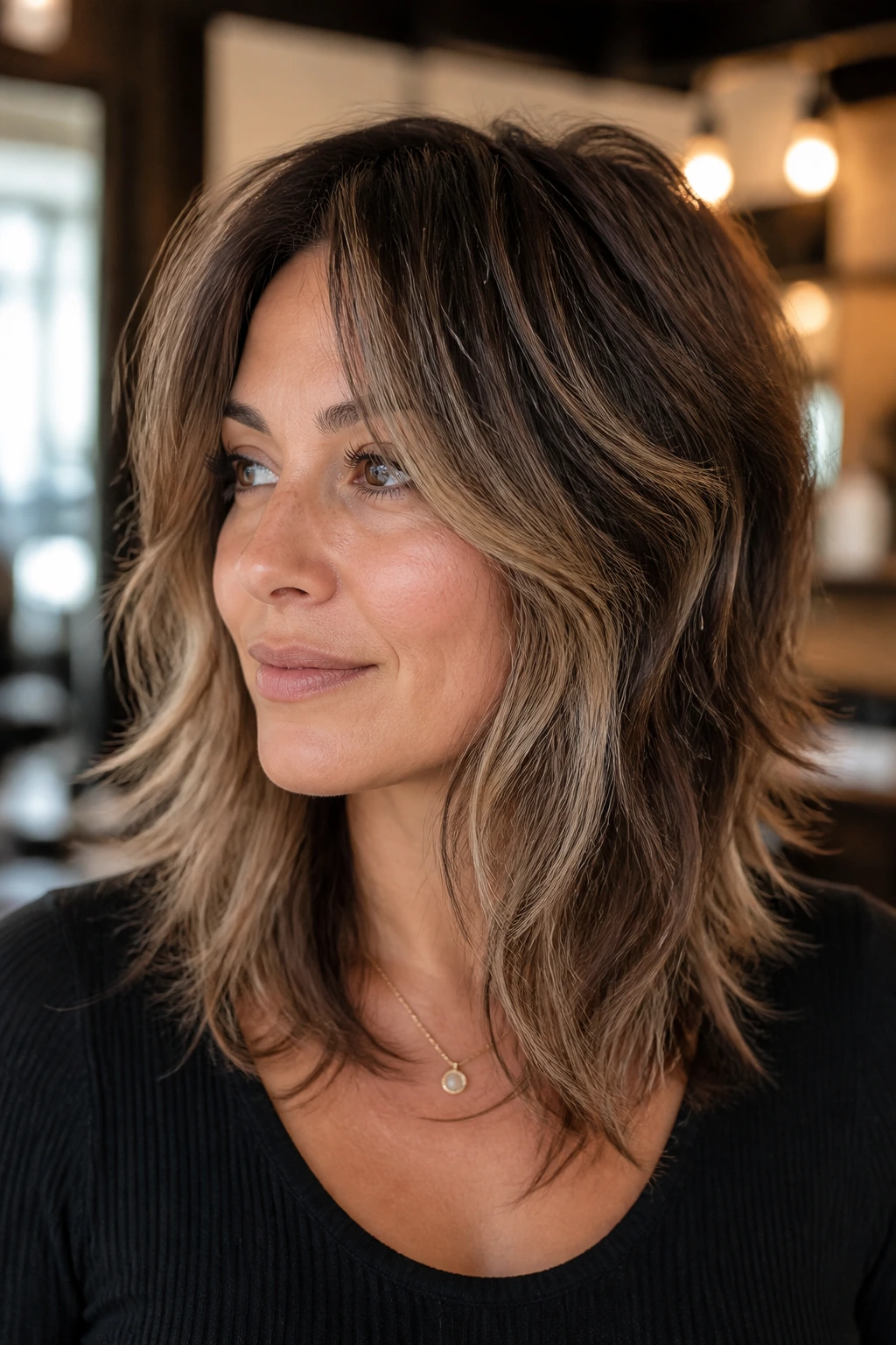 Close-up of brunette with razor-cut shag and smoky beige balayage highlighting texture