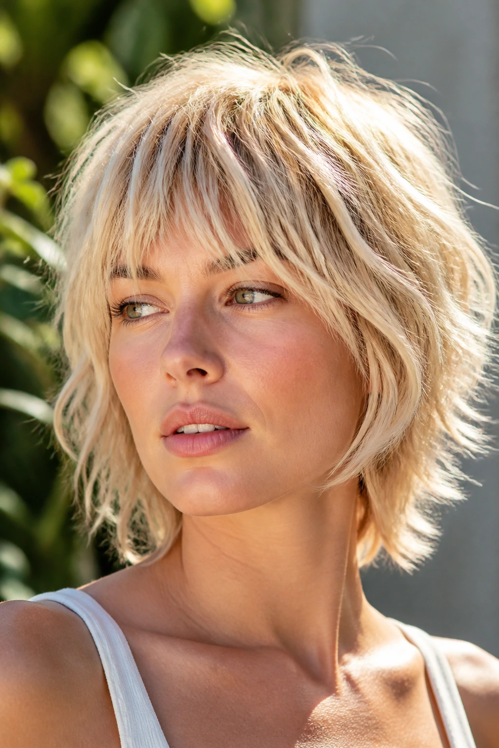 Close-up of a real woman with razor-cut sunlit shag showing textured layers