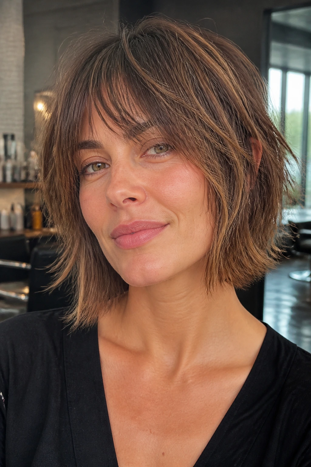 Close-up portrait of a woman with an airy razor-cut shag bob