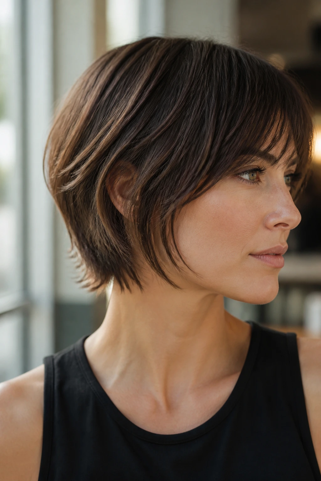 Real person with a sleek razor-cut shag bob and sharp ends
