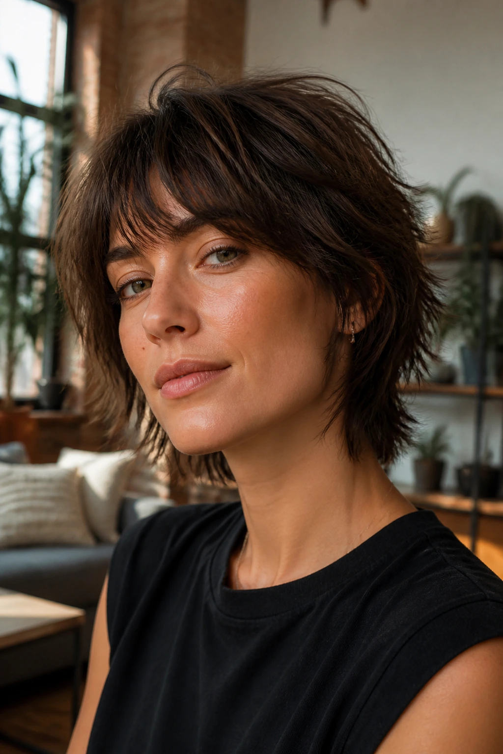 Close-up portrait of a real woman with razor-cut shag bob