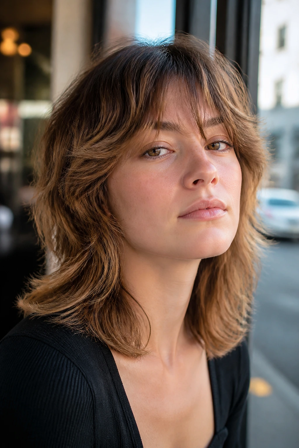Portrait of real woman with Razor-Cut Flipped Shag showing ends flipped outward