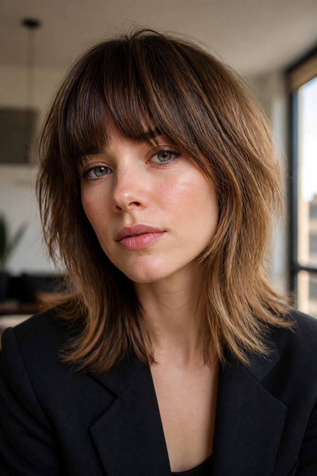 Portrait of a woman with razor-cut shag and full fringe indoors