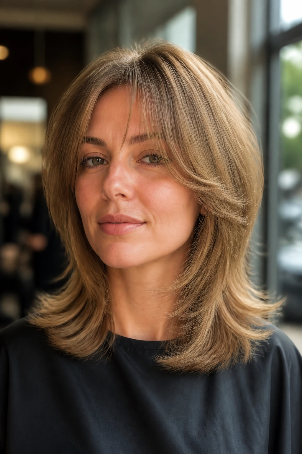 Close-up of a real woman with razor cut shag showing fullness and crown lift.