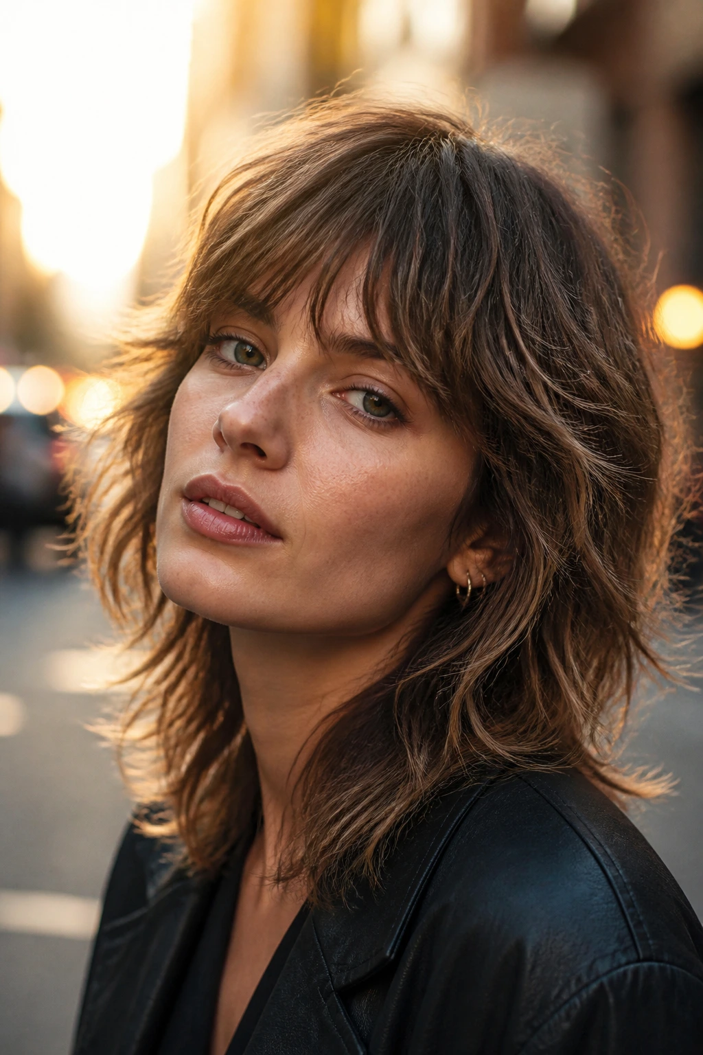 Portrait of a woman with a razor-cut shag hairstyle.