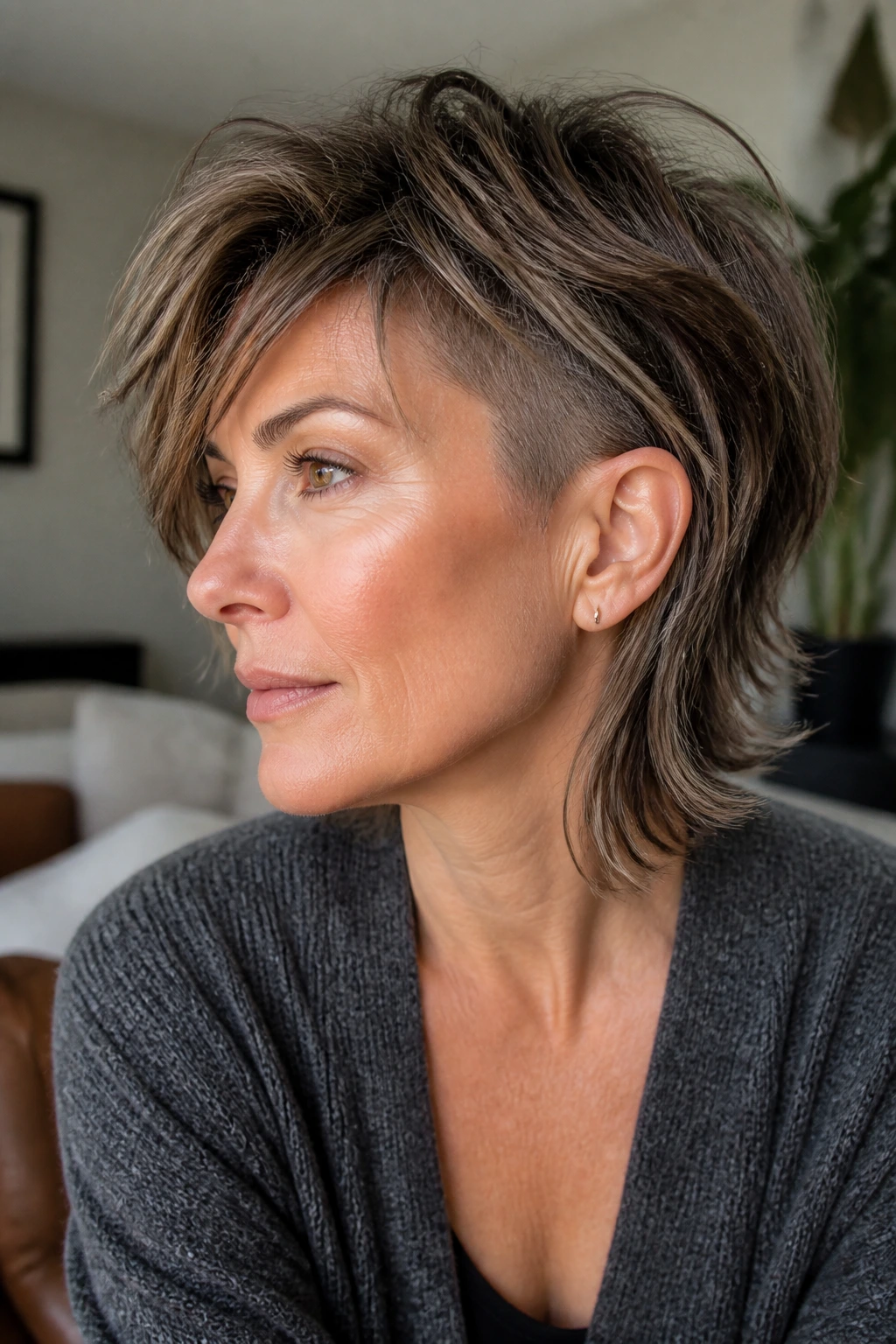 Close-up of a real woman with razor-cut shag and shaved temples showing textured ends