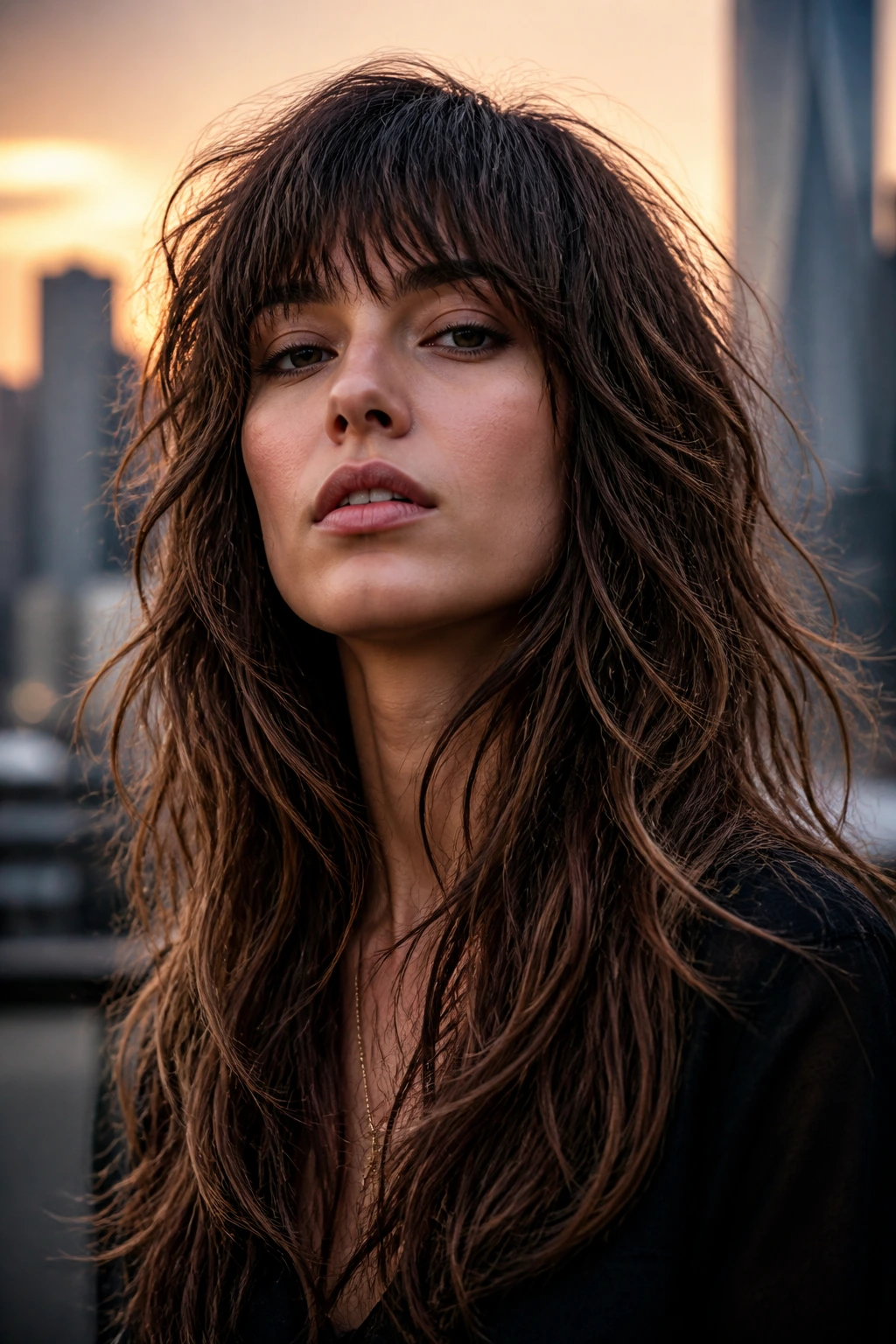 Portrait of a woman with long razor shag and jagged fringe in an urban setting