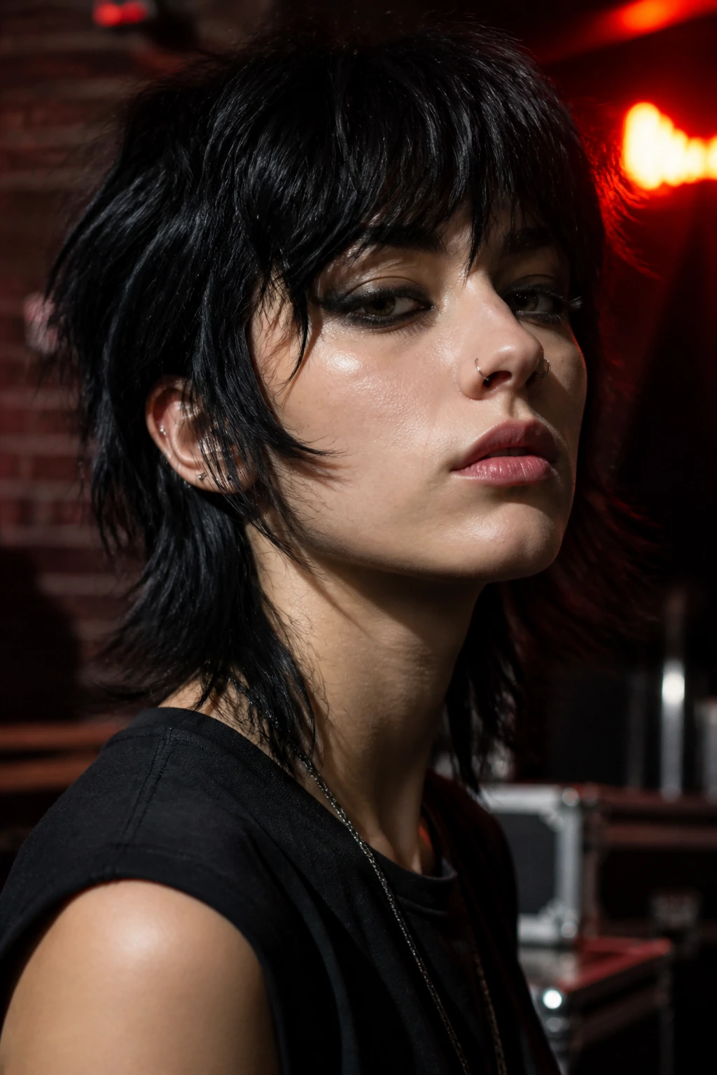 Portrait of a real person with razor-cut jet-black shag and feathered edges, backstage lighting.