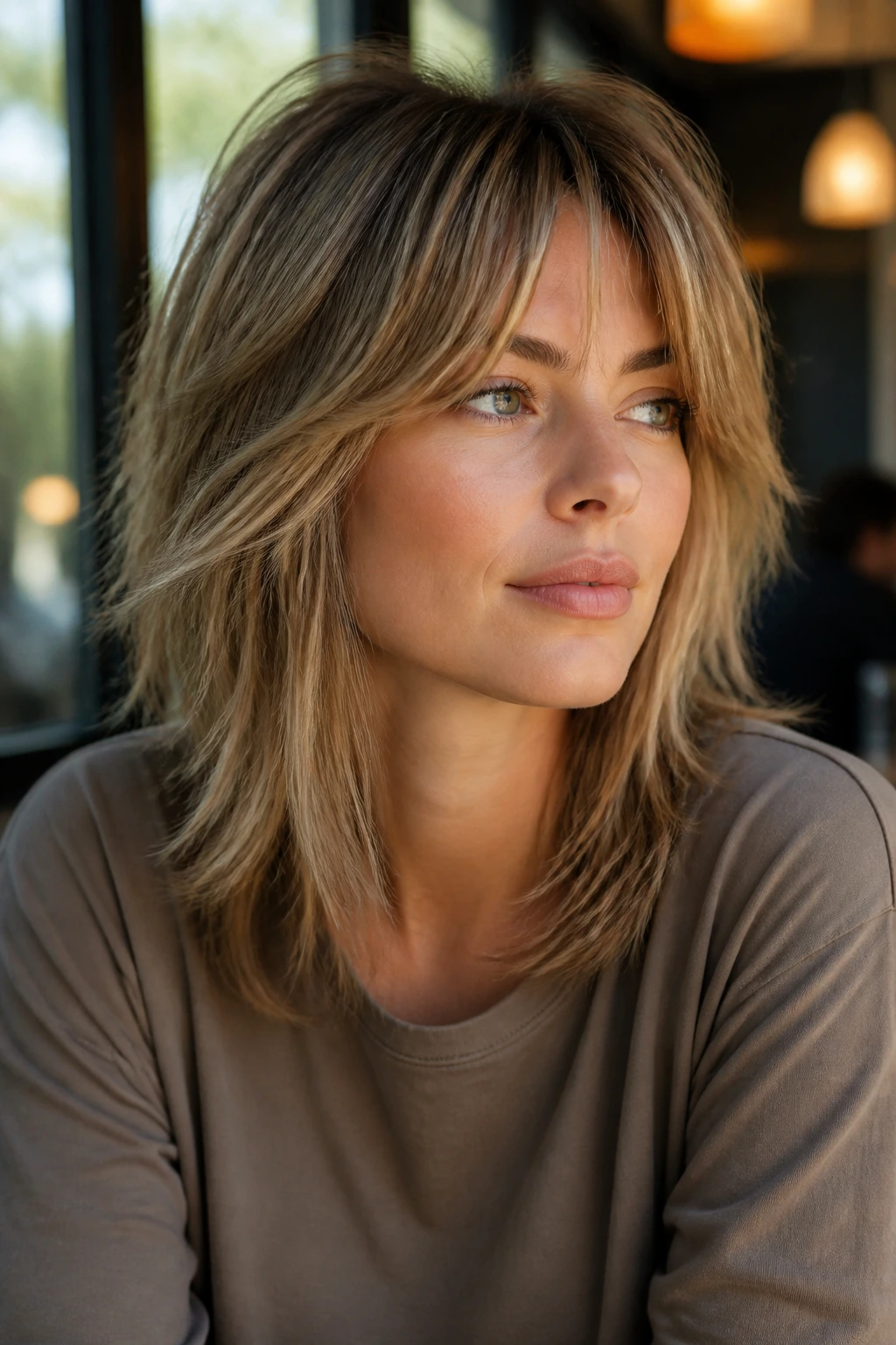 Close-up portrait of a real woman with razor-cut shag-lite layers for texture.