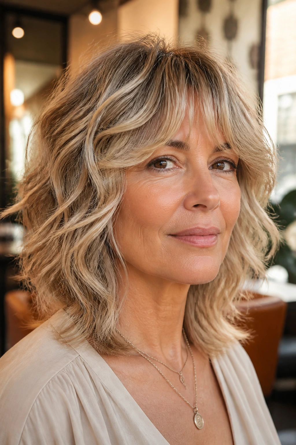 Close-up portrait of a real woman with a razor-cut shag and loose waves in warm window light