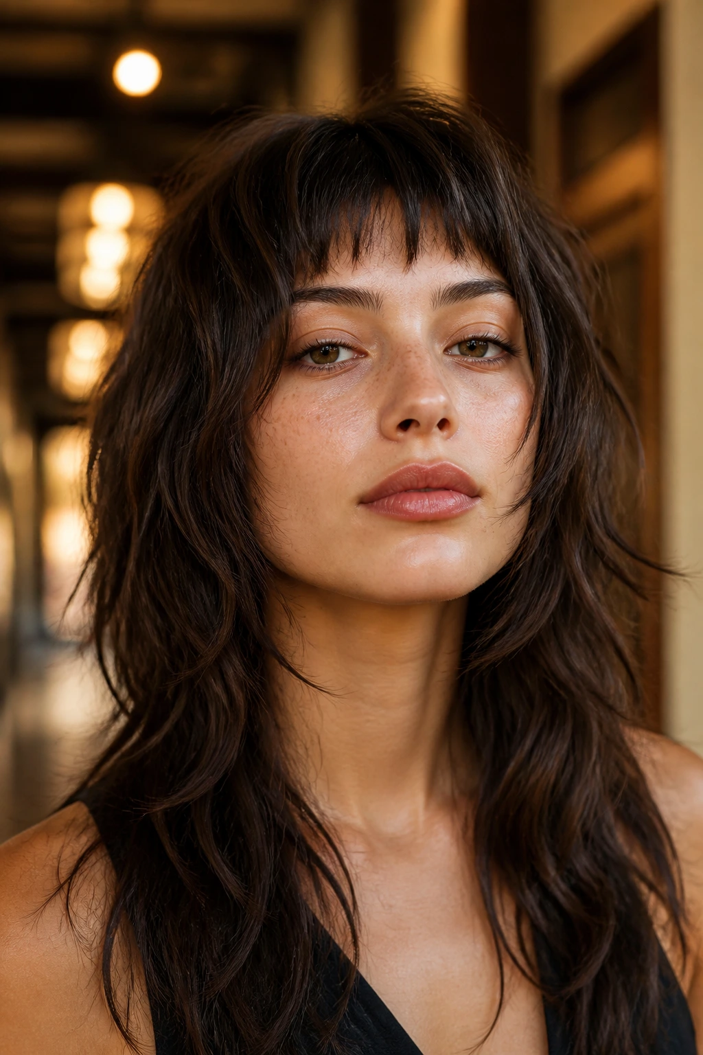 Real person with razor-cut shag and micro bangs in urban setting