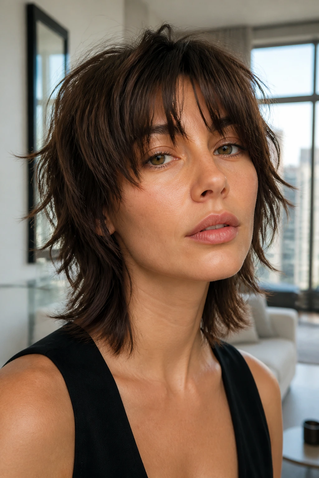 Close-up of a real person with razor-cut shag and micro layers in soft daylight.