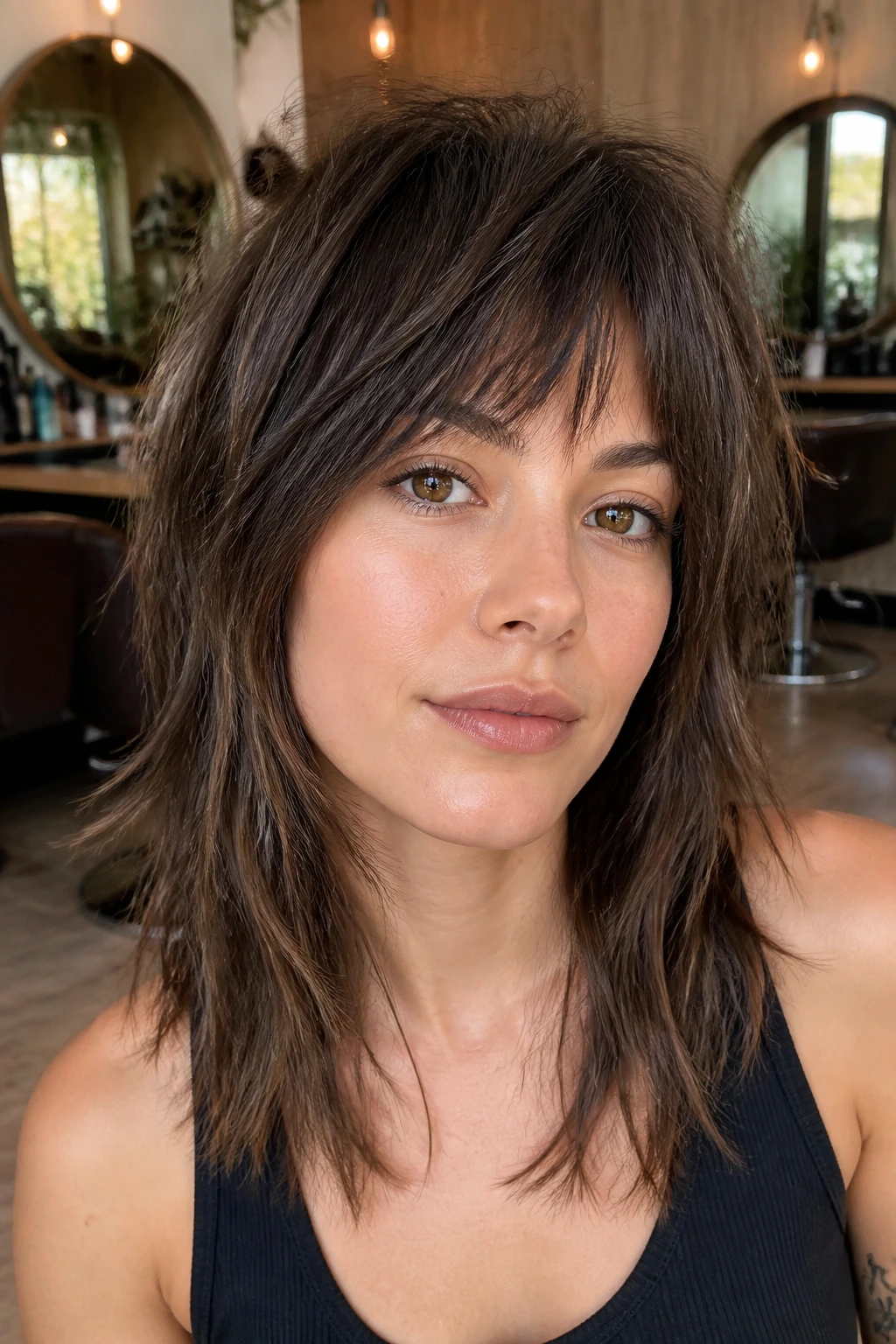 Real woman with razor-cut shag showing shredded ends in salon lighting