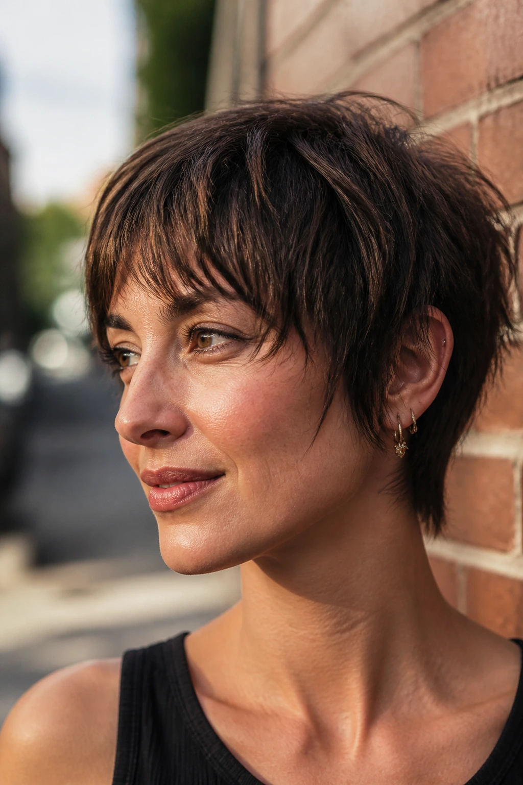 Close-up portrait of a woman with razor-cut shag pixie and wispy edges.