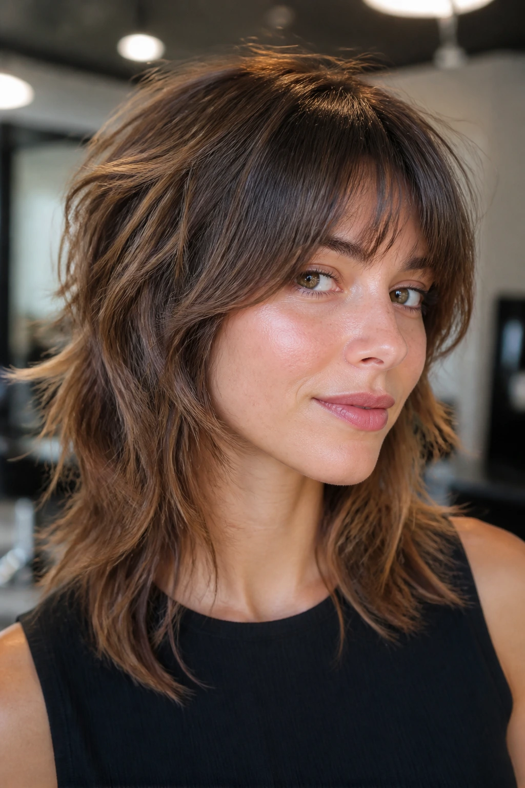 Close-up portrait of a real person with razor-cut midlength shag