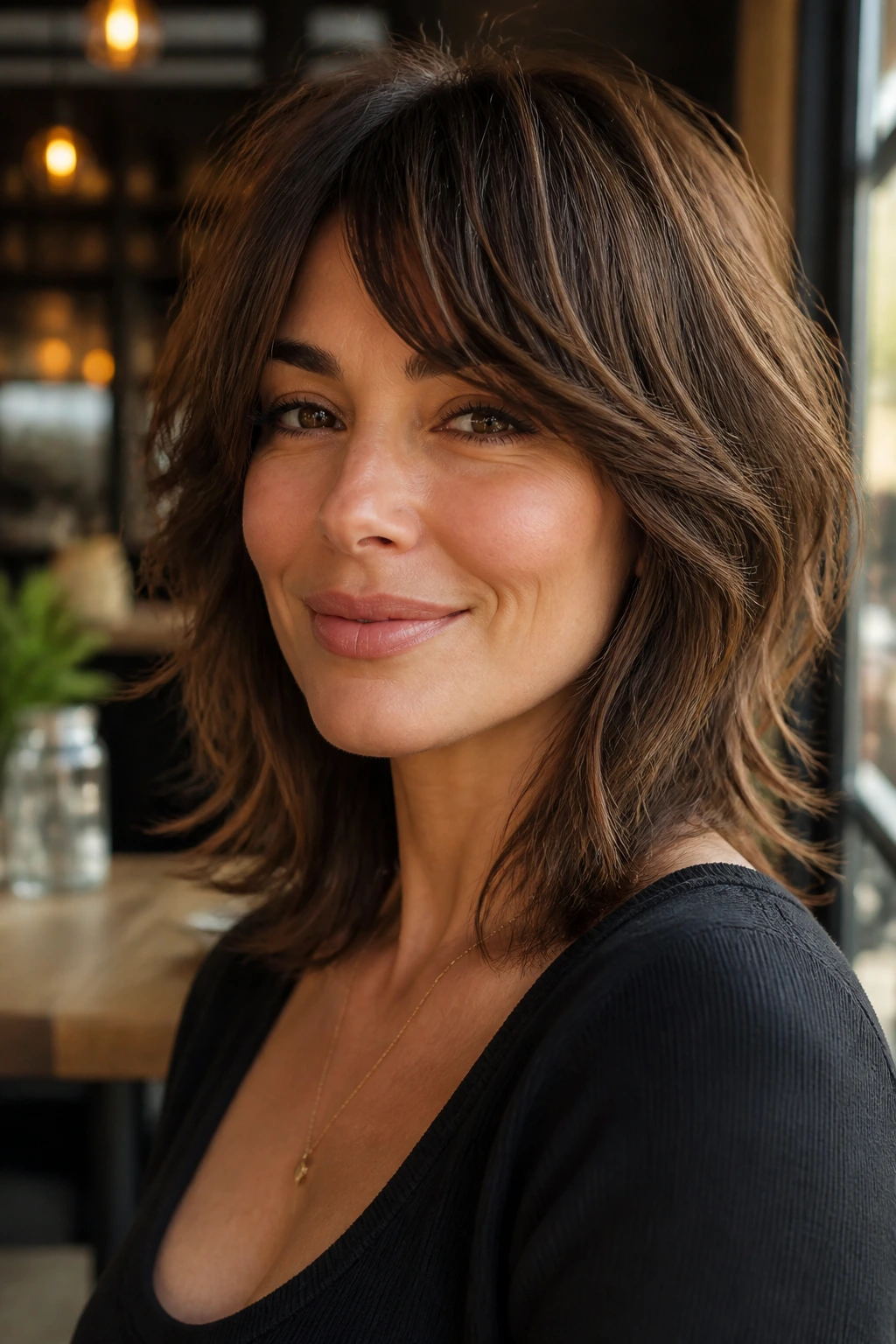 Real woman portrait with razor-cut shag and soft side bangs in cafe window light