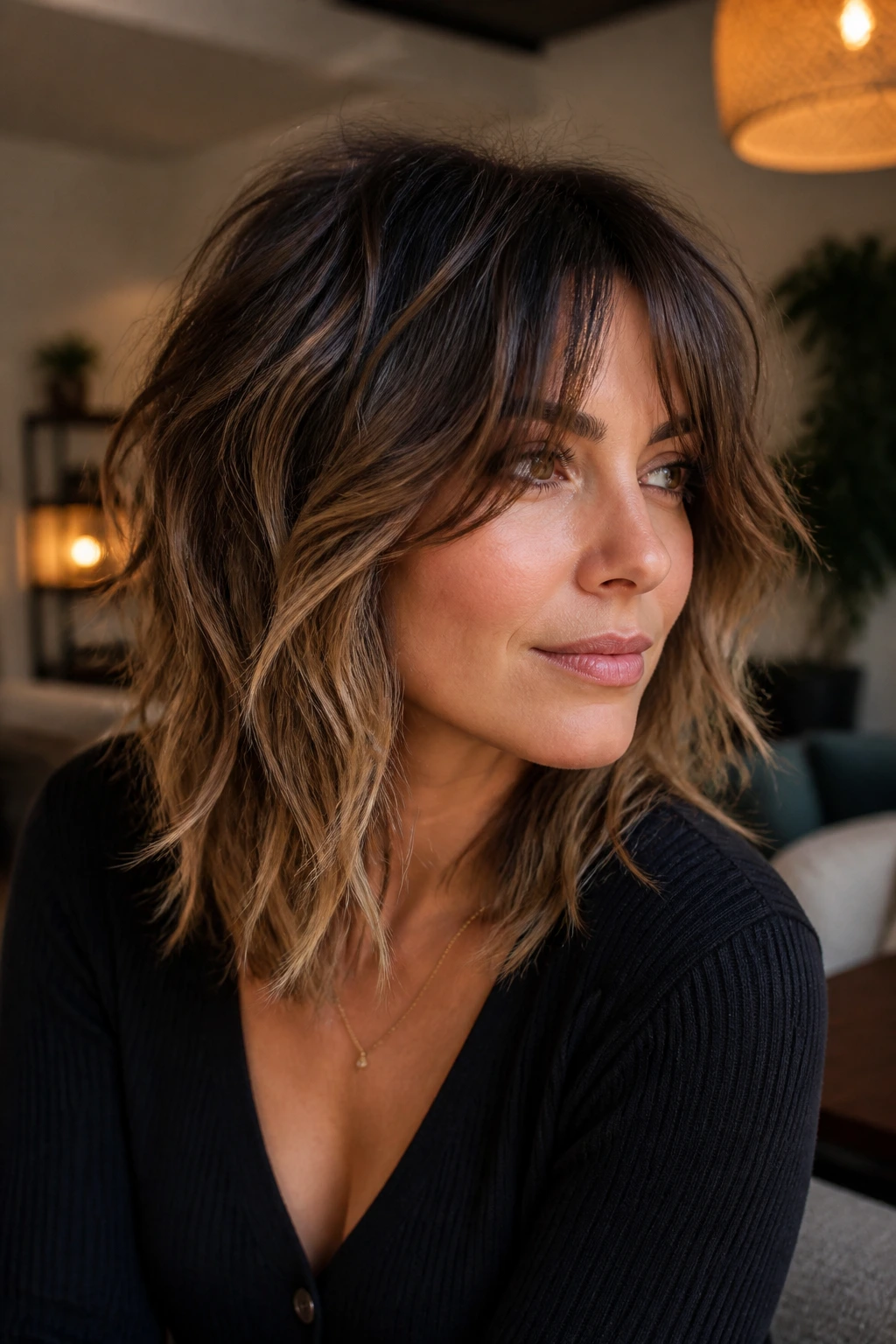 Portrait of a woman with razor-cut shag and smoky caramel balayage