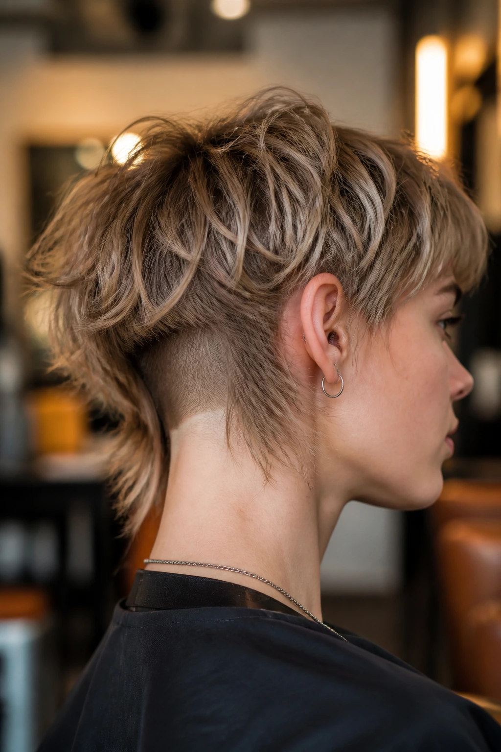 Portrait of a real person with razor-cut shag and disconnected back undercut