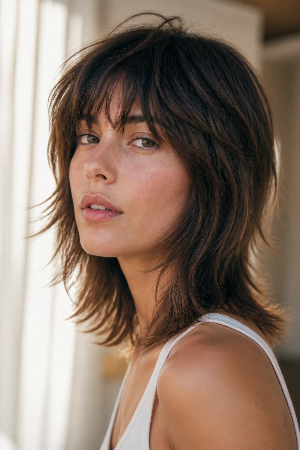 Close-up of a real woman with razor-cut shag and wispy ends in natural light