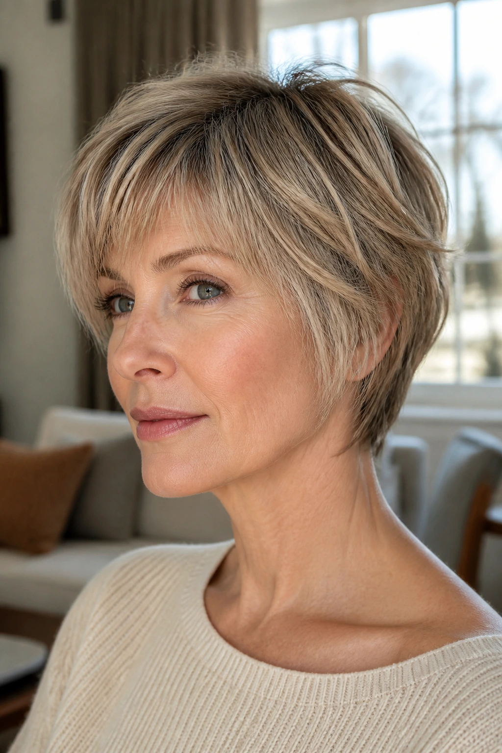 Close-up portrait of a real woman with a razor-cut short hairstyle that retains shape in natural window light