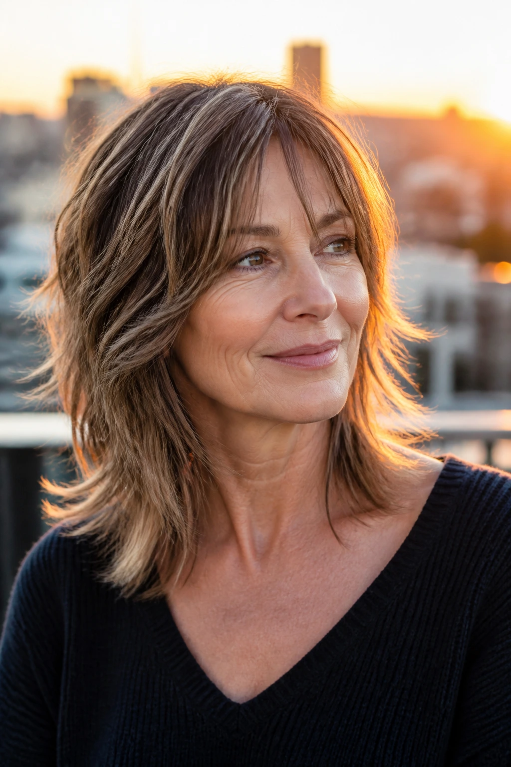 Portrait of a real woman with razor-cut shoulder shag on a rooftop at sunset.