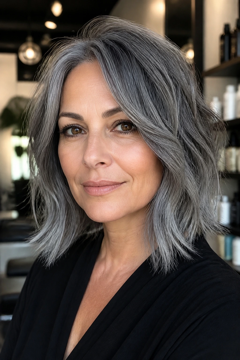 Portrait of a real woman with a razor-cut smoky lob