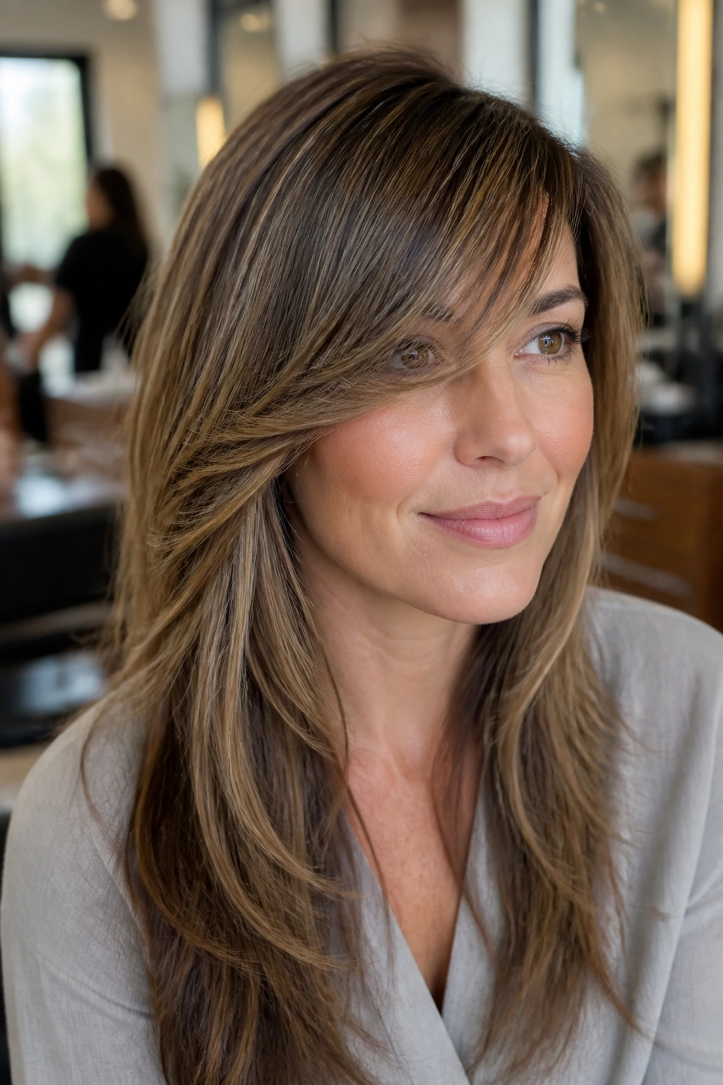 Close-up portrait of a real woman with razor-cut soft sweep bangs in warm salon light