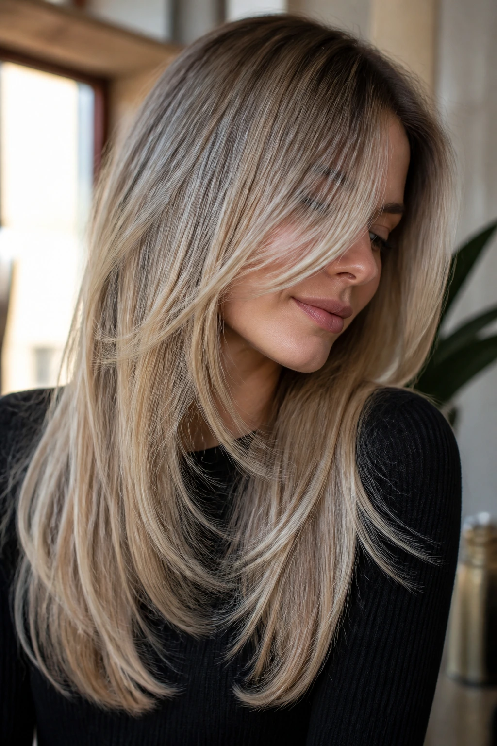 Portrait of a real woman with straight hair showing razor-cut movement