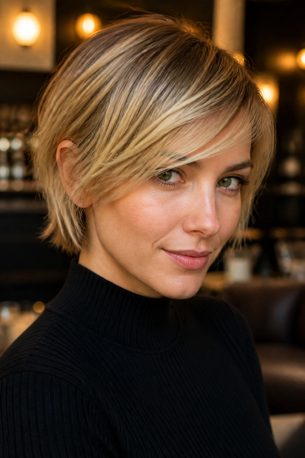 Portrait of a woman with razor-cut swoop bangs in a chic urban lounge.