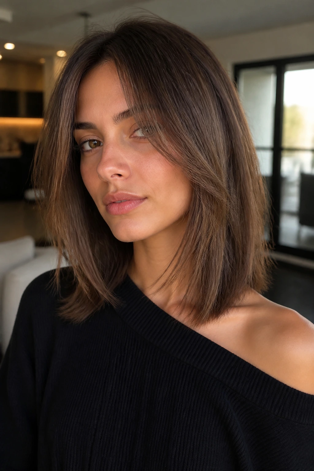 Real person with razor-cut textured shoulder-length layers on straight hair