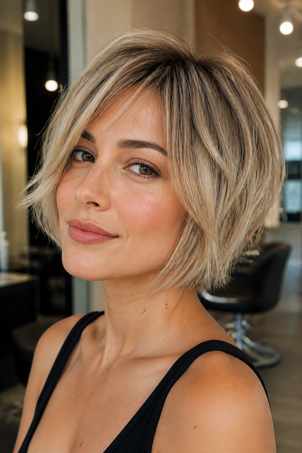 Close-up of a real woman with a razor-cut textured bob in a bright salon.