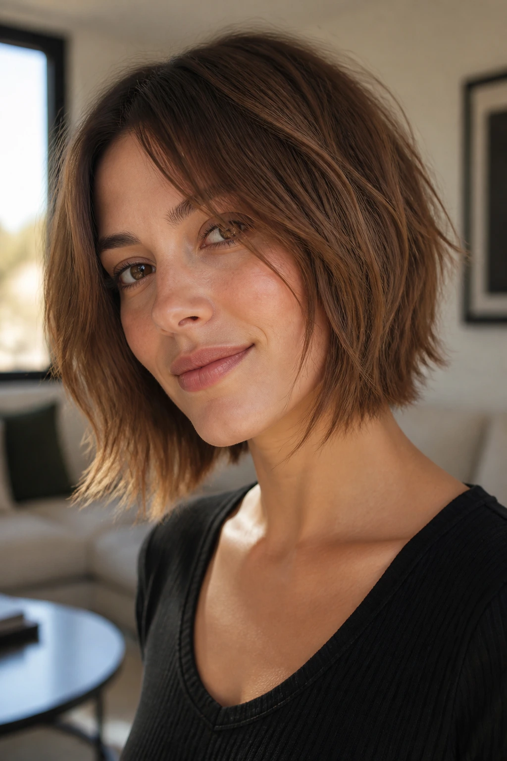 Portrait of a real woman with a razor-cut piecey bob in natural light