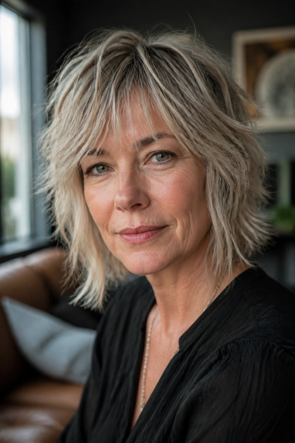 Close-up of a real woman with razor-cut textured shag, piecey ends and texture.