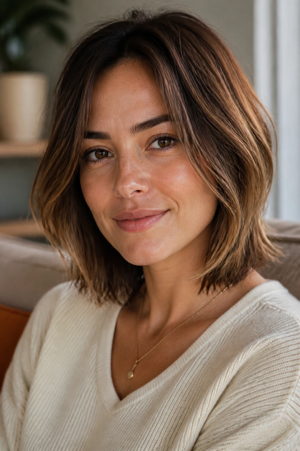 Portrait of a real woman with soft textured razor cut and tucked-in ends
