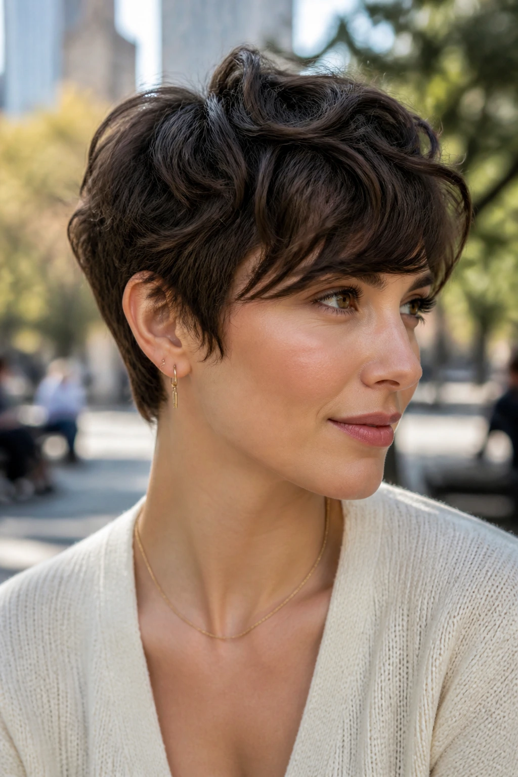 Close-up of real woman with razor-cut wave pixie and textured ends.