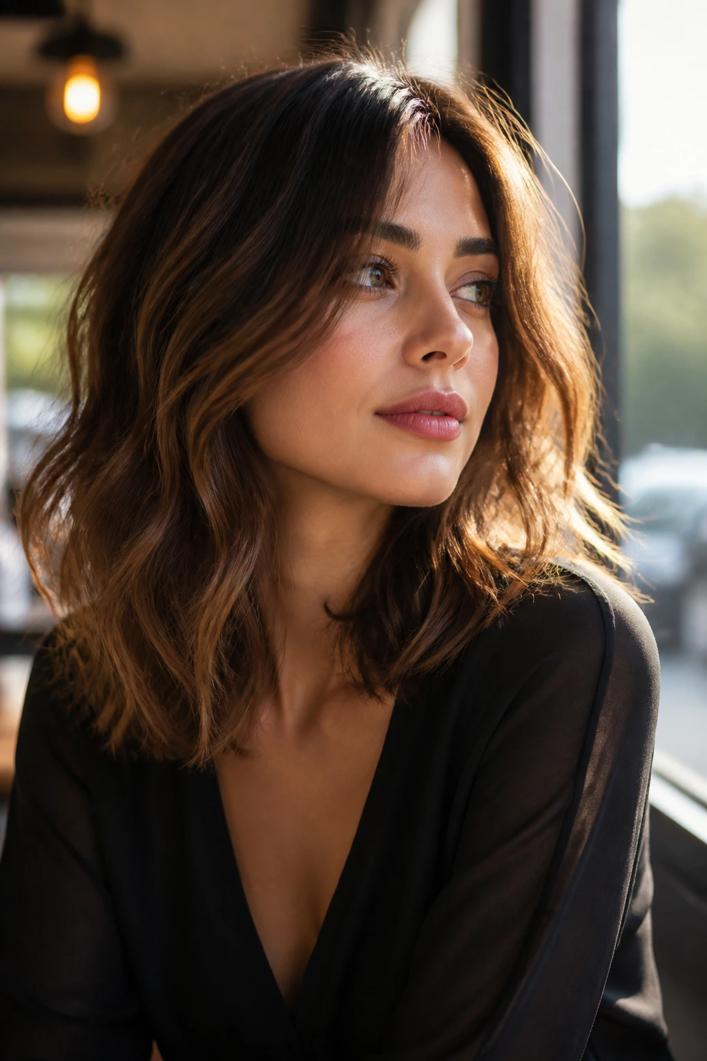 Close-up of razor-cut waves with airy ends on a real woman at a sunlit cafe