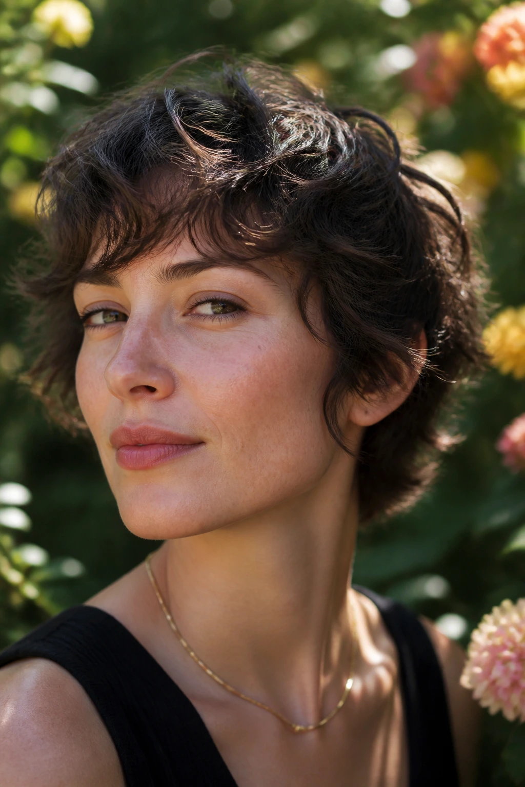 Real person with razor-cut wavy crop in a garden setting