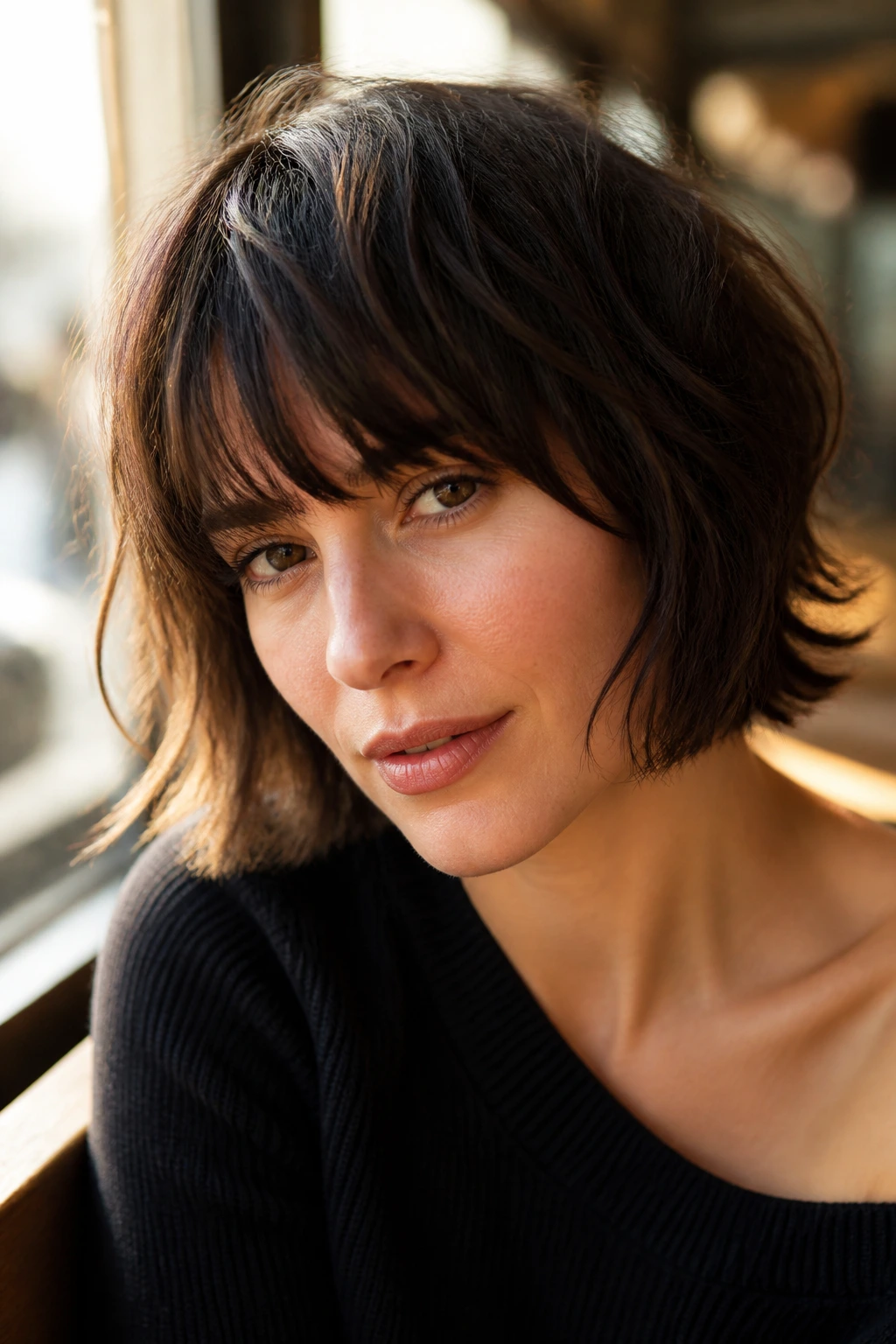 Brunette razor-cut bob with windswept bangs in natural window light.