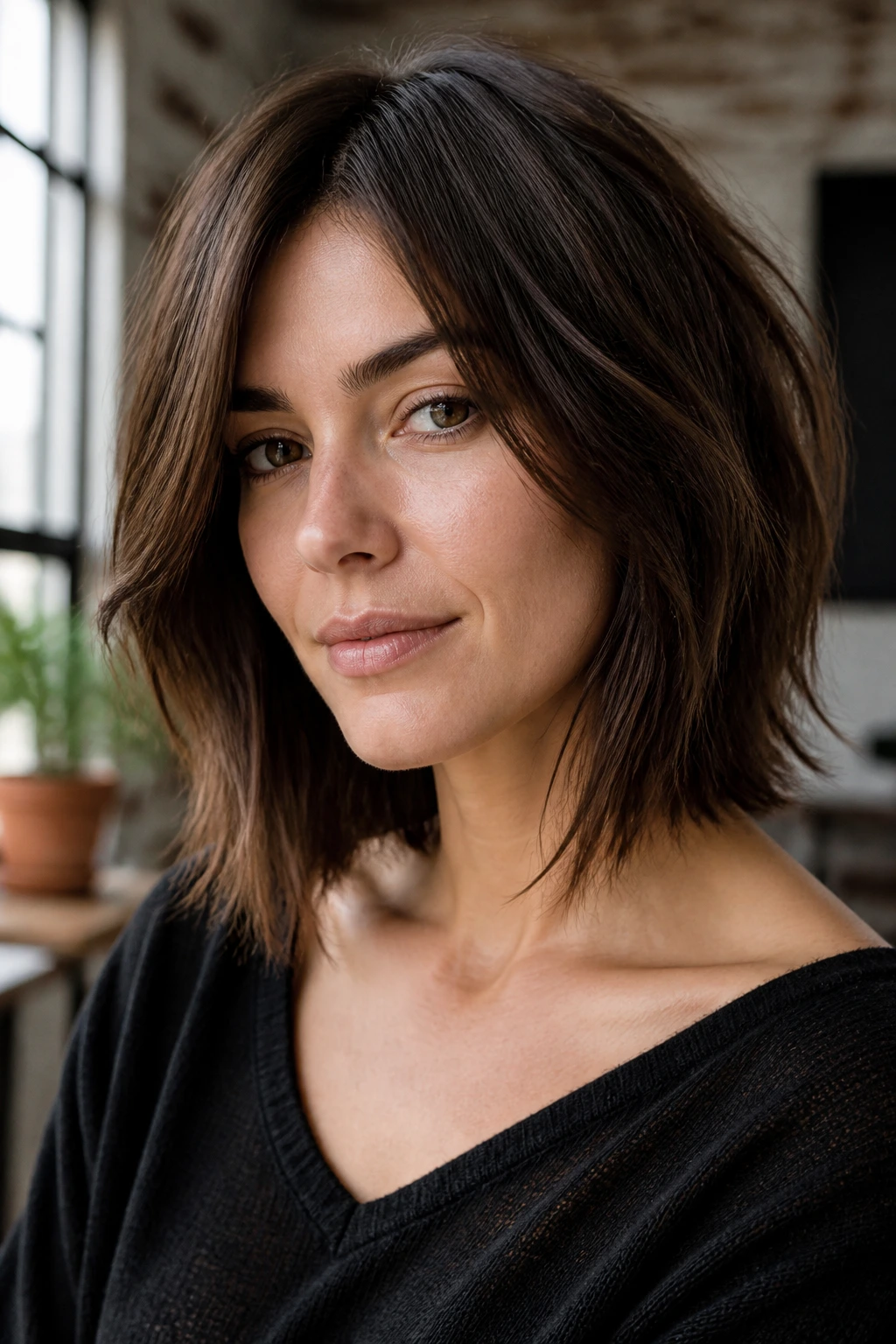 Real woman with razor-cut wispy lob and tapered ends.