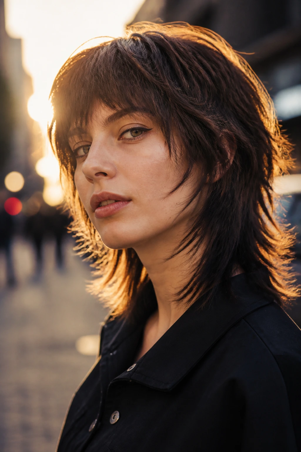 Portrait of a person with razor-sharp wolf cut featuring feathered ends