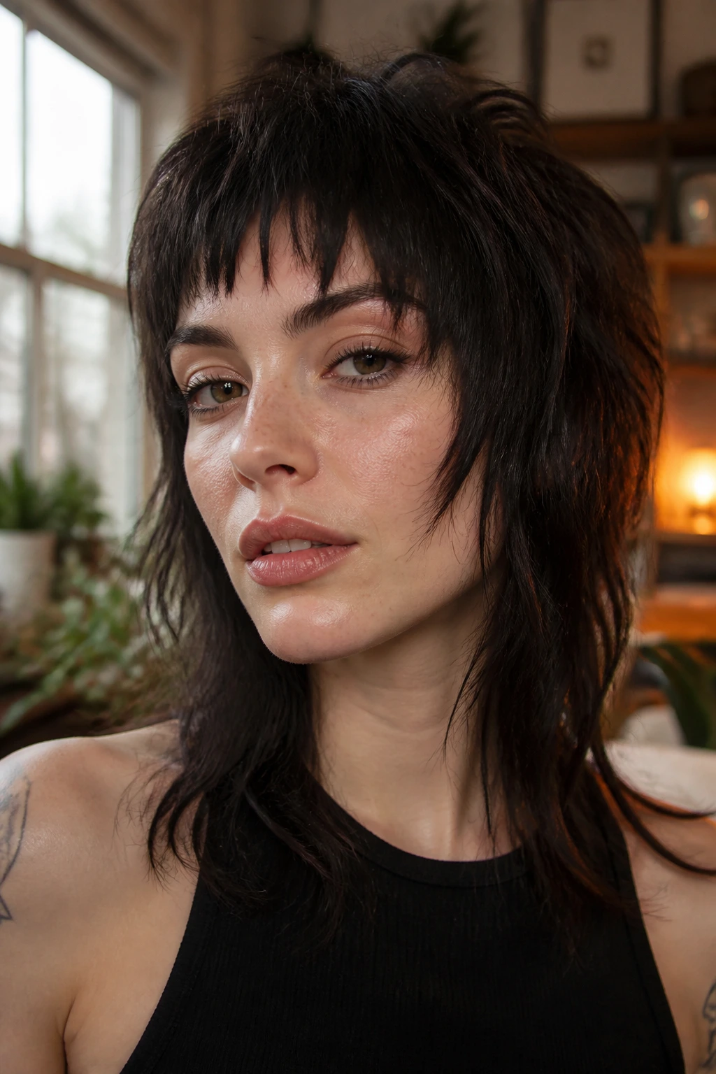Close-up of razor-cut wolf cut with jagged fringe on a real person in warm urban lighting