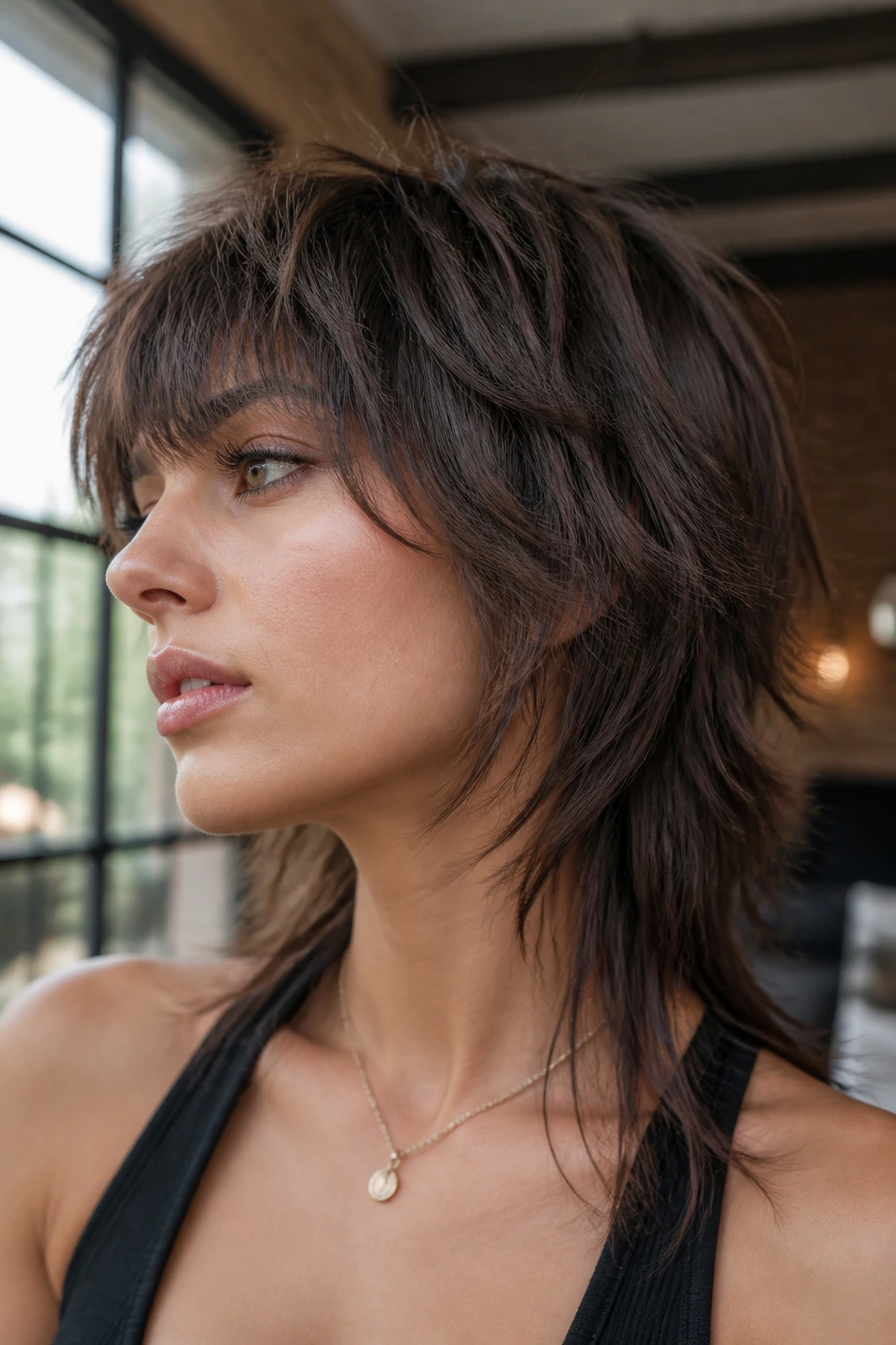 Close-up of a real person with razor-cut wolf shag showing textured crown and longer back