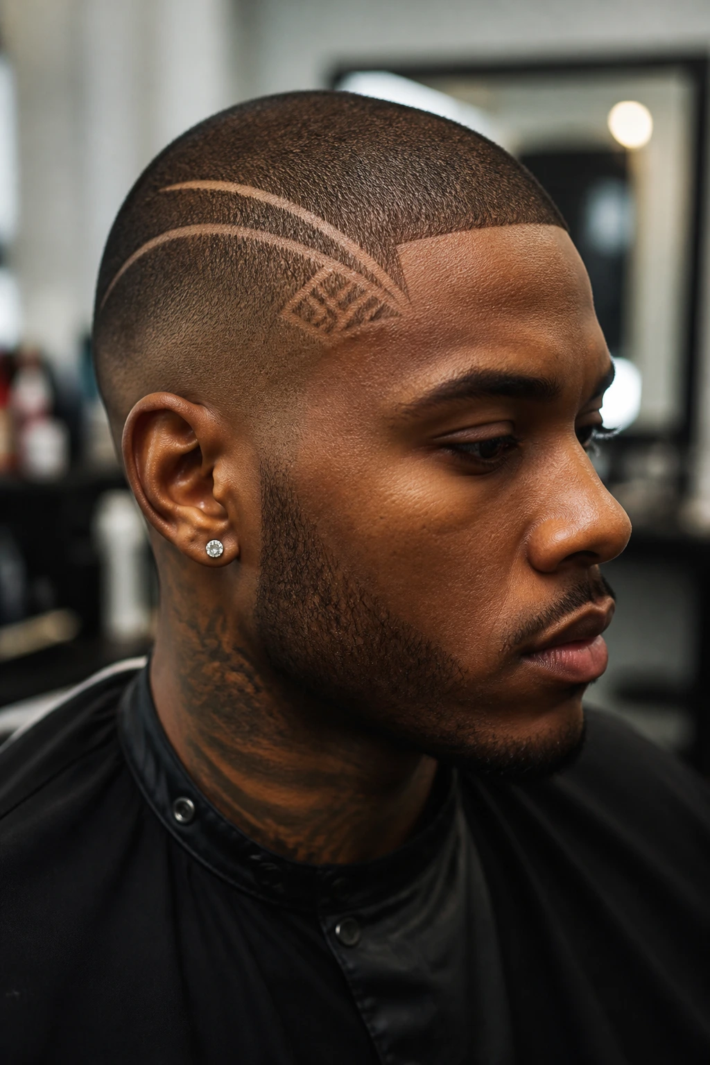 Close-up portrait of a real Black man with a razor-design buzz pattern.