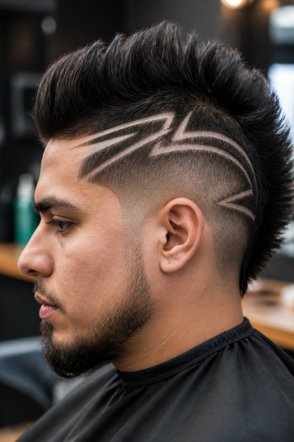 Portrait of a man with razor-design mohawk lines on shaved sides