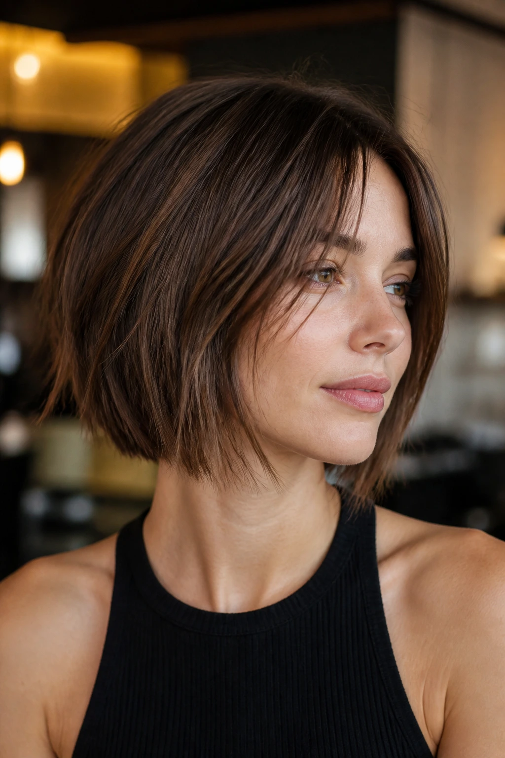 Close-up portrait of a real woman with razor-edge piecey-ended bob