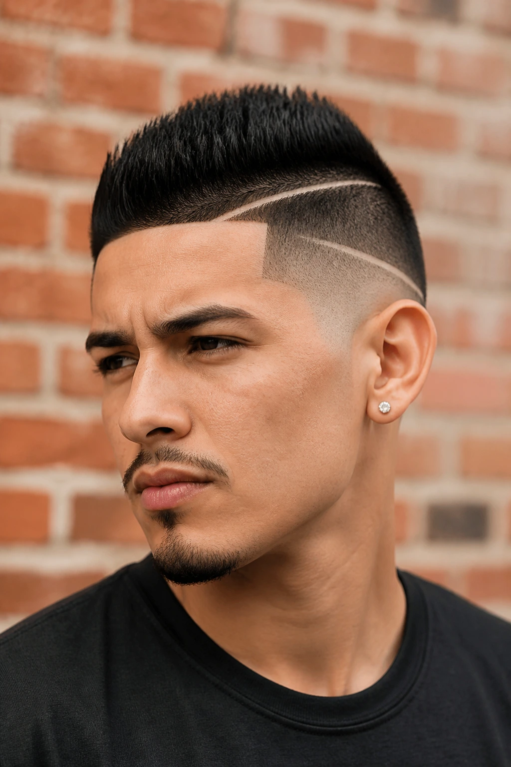 Portrait of a real person with razor-edge hawk hairstyle against brick wall