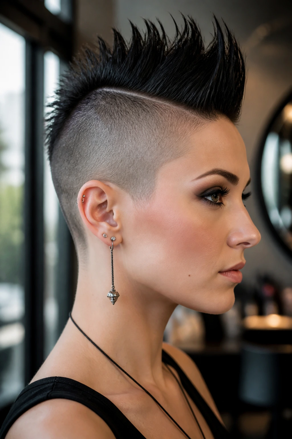 Close-up of a real woman with shaved sides and tall crest in a salon